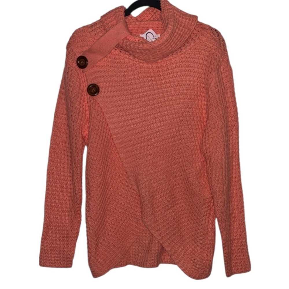 Zenana Turtleneck Waffle Crossover Button Sweater, P2P:20.5”, L:28”, NWT-Coral - Picture 3 of 16